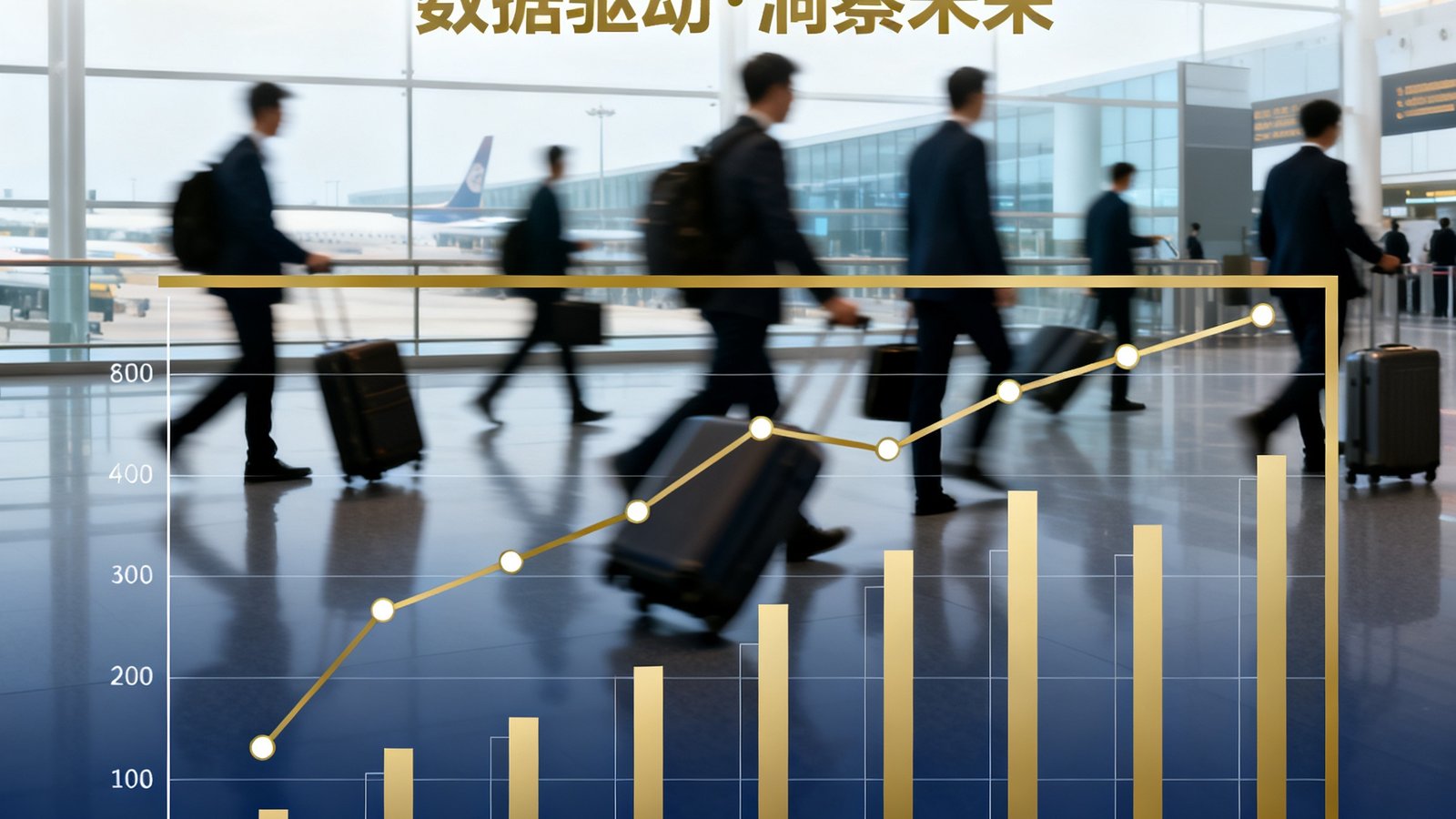 一份专业商务出行趋势报告的封面，上面有数据图表和2025年份标识，背景是商务人士在机场穿梭的虚化场景，整体色调为深蓝与金色搭配。