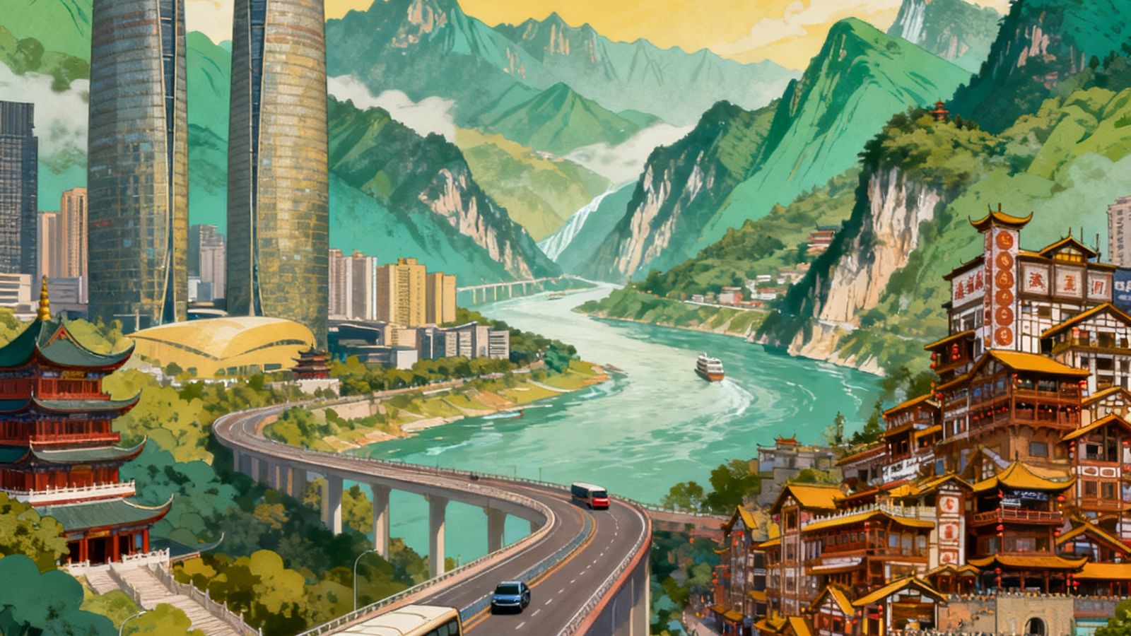 成都和重庆两座城市的地标建筑融合画面，中间有美狮贵宾会服务车辆行驶在高速公路上，背景是巴蜀地区的山水风光，展现西南区域服务扩展。
