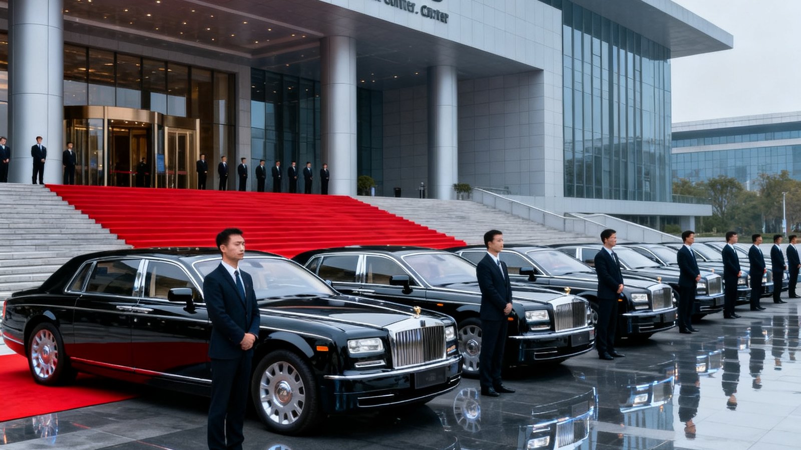 多辆统一型号的黑色豪华轿车整齐排列在现代化国际会议中心门前，车身一尘不染，司机们统一着装列队站立，红毯从会议中心入口延伸至车队，展现专业会务接待阵势。
