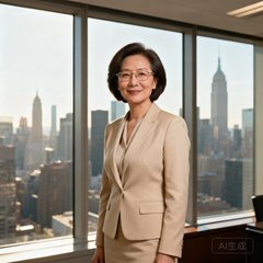 一位四十岁左右的女性企业高管，短发干练，戴着细框眼镜，穿着米色商务套装，背景是办公室落地窗和城市天际线，表情自信温和。